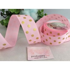 Лента репсовая 25 мм с тиснением "Горох", золото на розовом №004